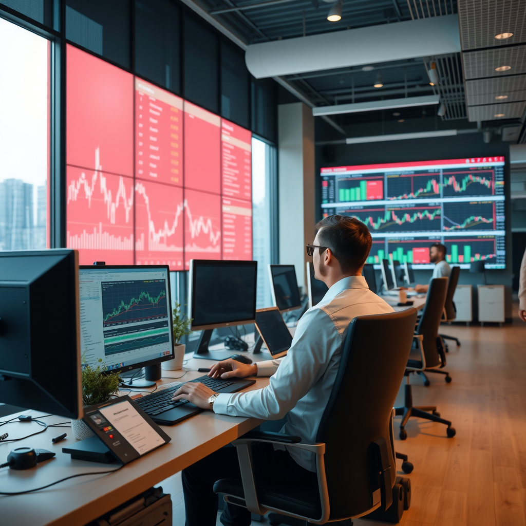 Moderne Büroumgebung mit Finanzanalysten, die an Computern arbeiten und Marktdaten auf großen Bildschirmen analysieren, professionelle Atmosphäre mit natürlichem Licht