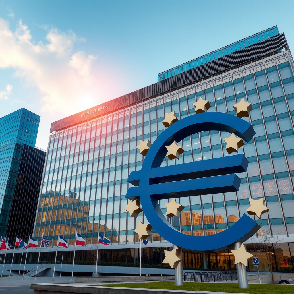 Das Hauptgebäude der Europäischen Zentralbank in Frankfurt am Main mit der ikonischen Euro-Zeichen Skulptur im Vordergrund, moderne Glasarchitektur, professionelle Geschäftsatmosphäre