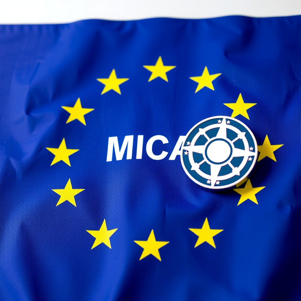 Europäische Flagge mit digitalen Vermögenswerten und Regulierungssymbolen, die die neue MiCA-Verordnung für Krypto-Assets in der EU darstellen