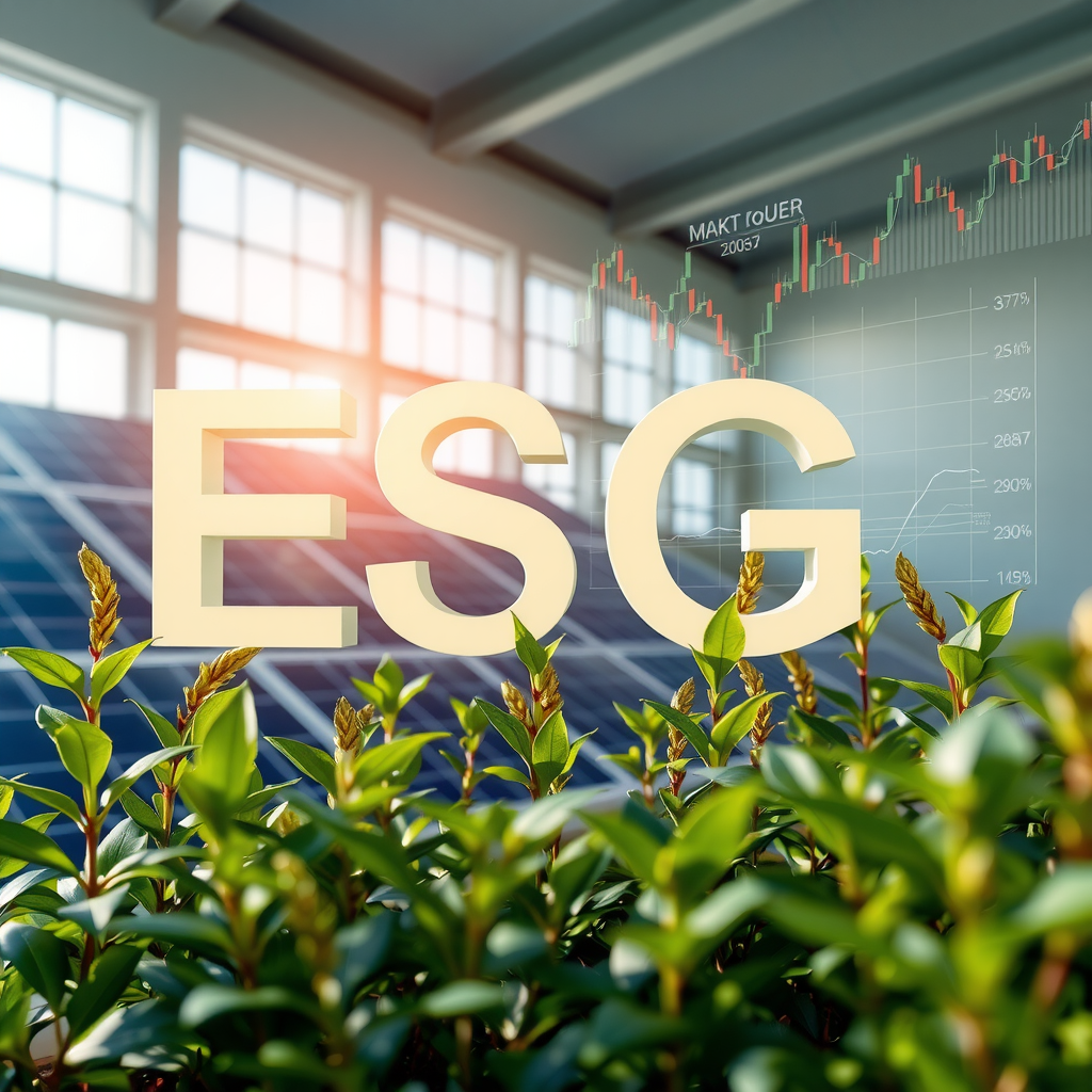 Moderne Darstellung von ESG-Investmentkonzepten mit grünen Pflanzen, Solarpanelen und digitalen Finanzgrafiken, die Umwelt-, Sozial- und Governance-Faktoren symbolisieren