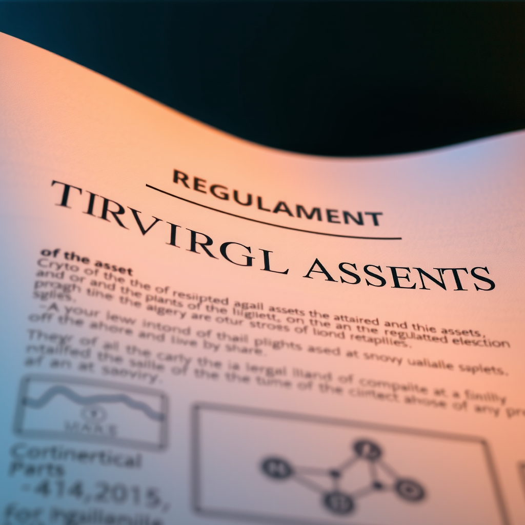 Regulierungsdokument mit Blockchain-Netzwerk-Visualisierung, das den rechtlichen Rahmen der MiCA-Verordnung für Krypto-Assets zeigt