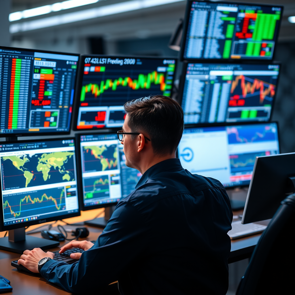 Professioneller Analyst bei der Arbeit mit mehreren Monitoren, die Echtzeit-Marktdaten und Nachrichtenfeeds zeigen, konzentrierte Arbeitsatmosphäre
