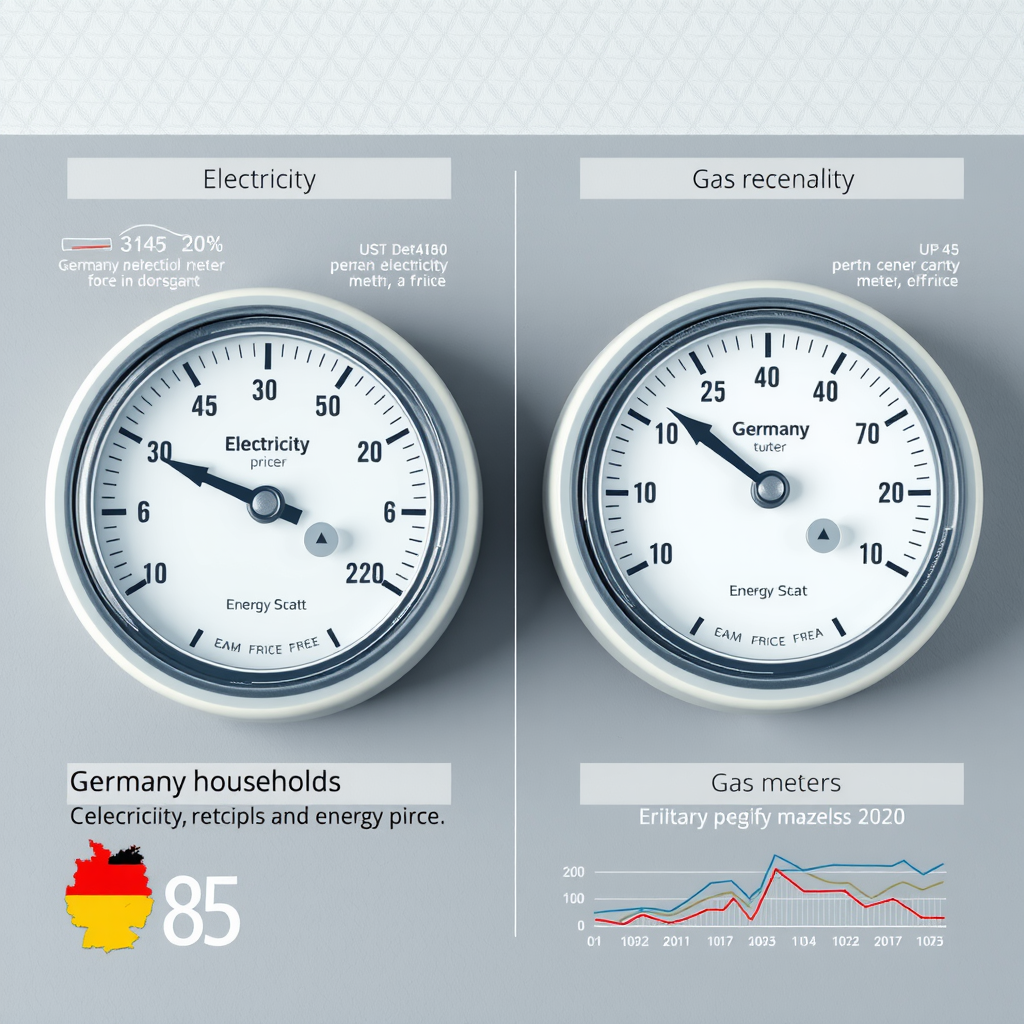 Grafische Darstellung von Strom- und Gaszählern mit Preisdiagrammen und Trendlinien, deutsche Haushalte und Energiemarkt, professionelle Infografik