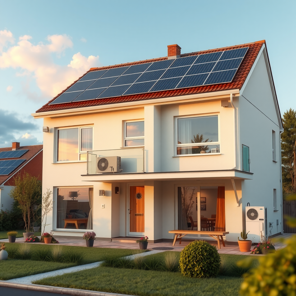 Modernes energieeffizientes Wohnhaus mit Solarpanelen auf dem Dach, Wärmepumpe und Smart-Home-Technologie, zeigt praktische Maßnahmen zur Energiekostensenkung