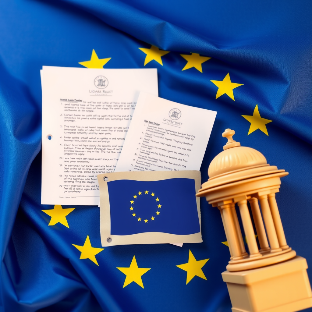 Europäische Flagge mit Gesetzestexten, Regulierungsdokumenten, EU-Gebäude und Symbolen für nachhaltige Finanzregulierung und Compliance