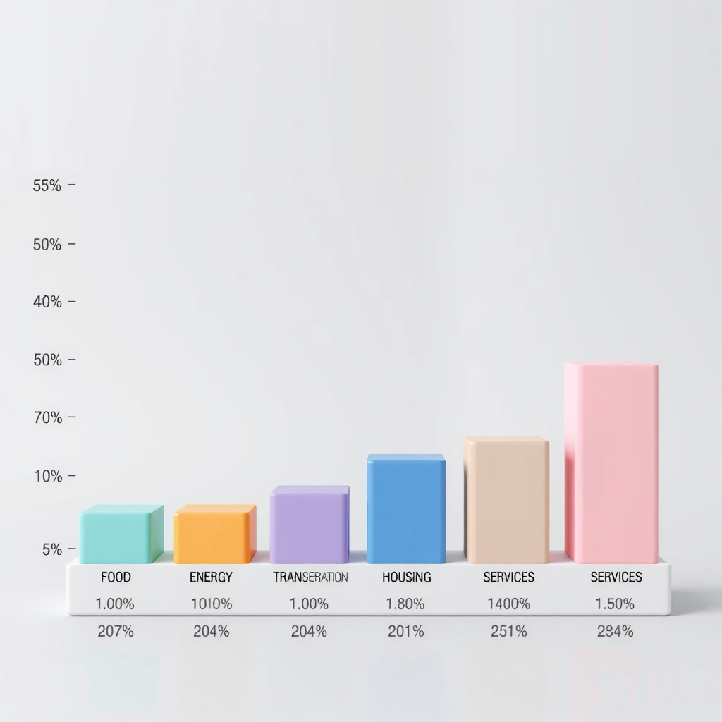 Balkendiagramm vergleicht Preissteigerungen verschiedener Konsumkategorien: Lebensmittel, Energie, Transport, Wohnen, Dienstleistungen mit Prozentangaben