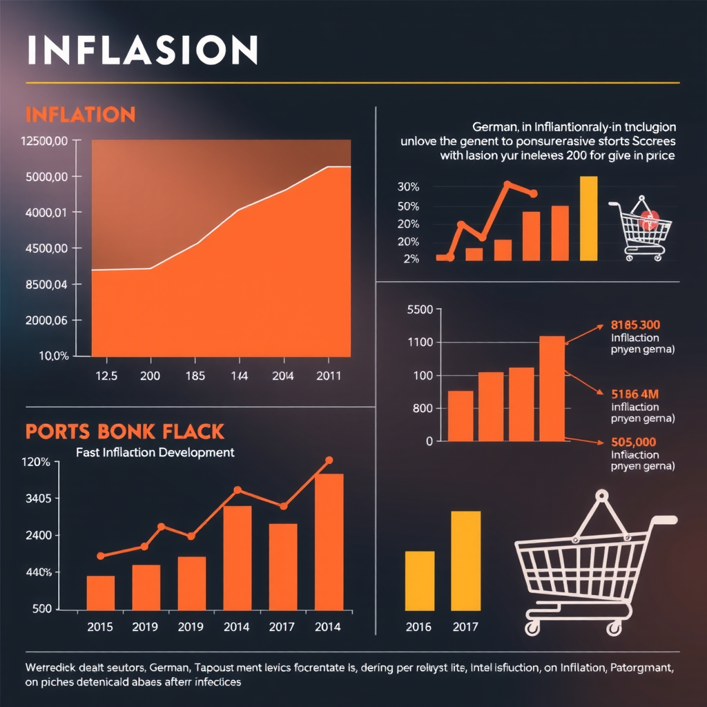 Detaillierte Infografik zur Inflationsentwicklung mit Diagrammen, Warenkorb-Symbolen und Preistrends, deutsche Wirtschaftsdaten, professionelle Visualisierung