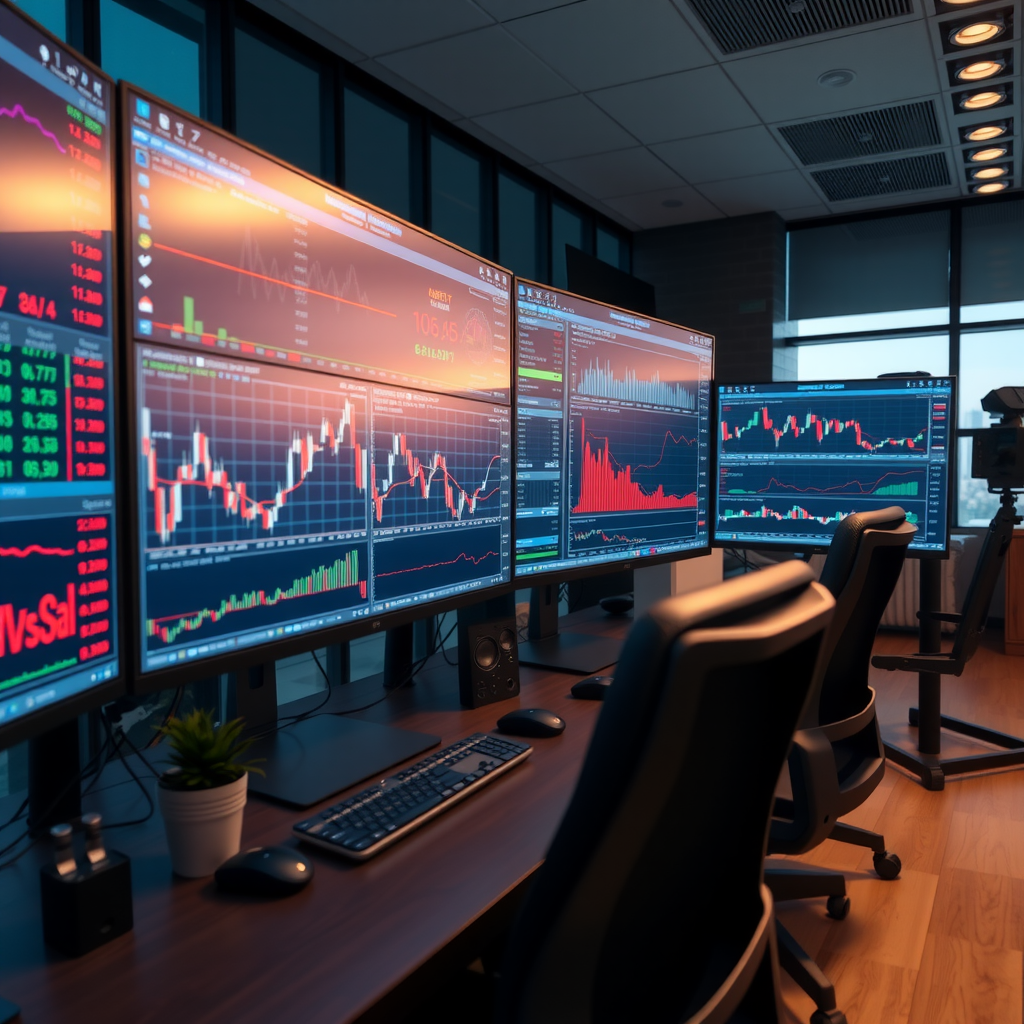 Mehrere Computerbildschirme mit Wirtschaftsgrafiken, Charts und Finanzprognosen, professionelles Trading-Setup, moderne Büroumgebung
