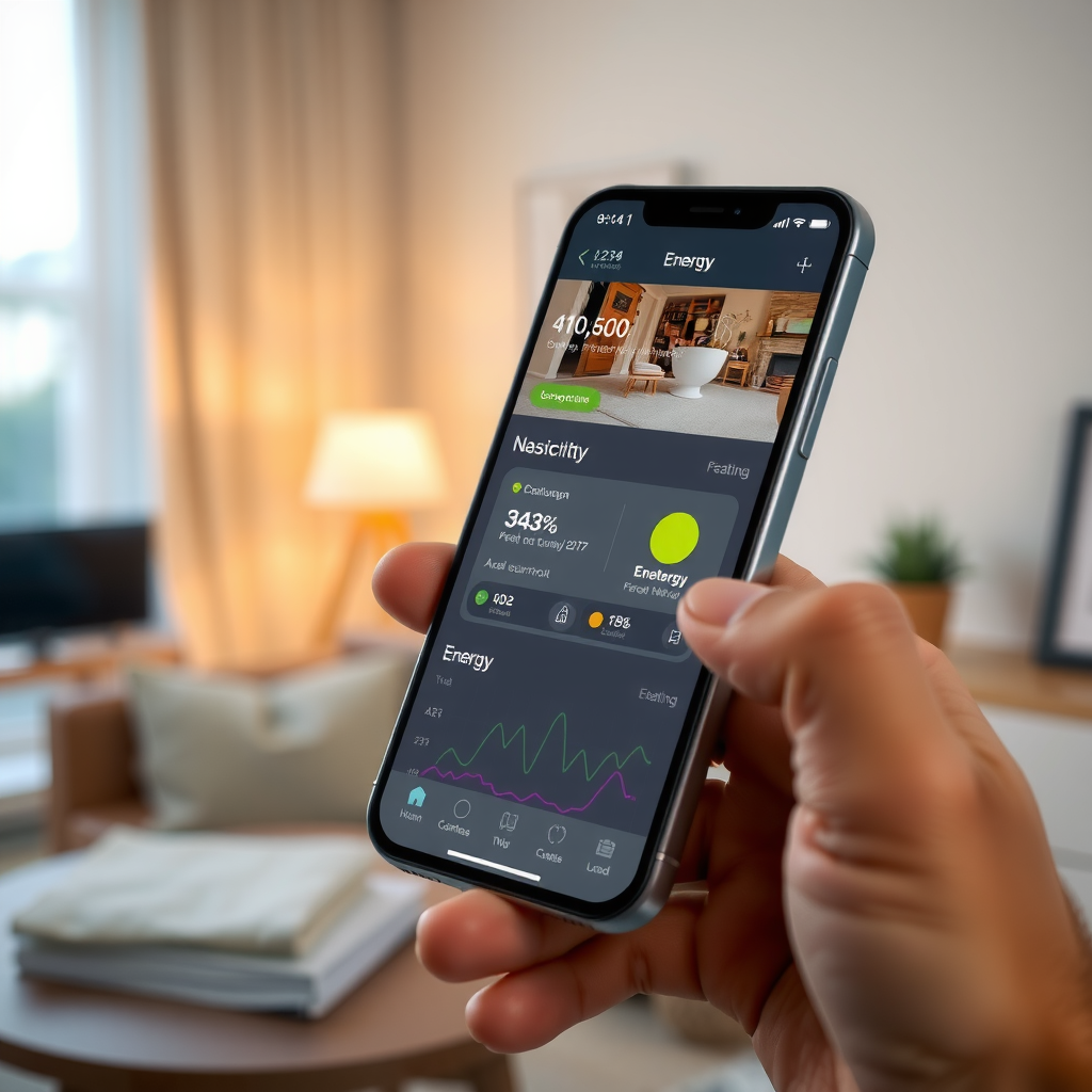 Smartphone-Display zeigt Smart-Home-App zur Energieverwaltung mit Echtzeitdaten zu Stromverbrauch, Heizungssteuerung und Energiespartipps für moderne Haushalte