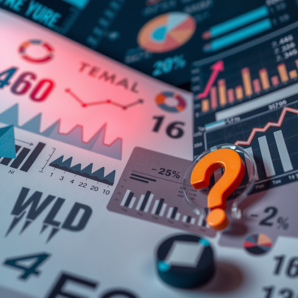Komplexe Datenanalyse-Szene mit Diagrammen, Statistiken, Fragezeichen und Symbolen für Datenqualitätsprobleme und Standardisierungsherausforderungen im ESG-Bereich