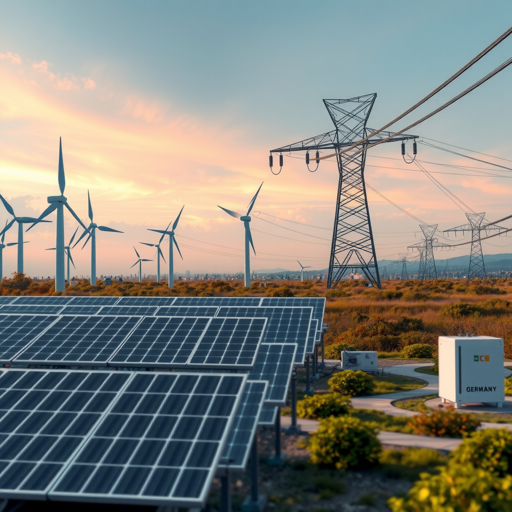 Futuristische Darstellung der Energieversorgung mit Windrädern, Solarpanelen, Stromspeichern und Smart-Grid-Technologie, symbolisiert die nachhaltige Energiezukunft Deutschlands