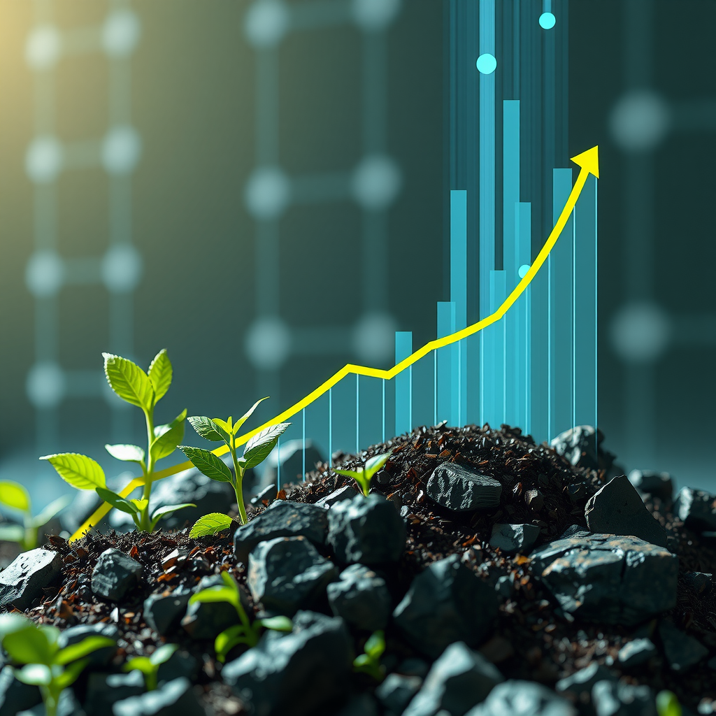 Futuristische Darstellung nachhaltiger Investments mit Wachstumskurven, grünen Technologien, erneuerbaren Energien und digitalen Finanzinnovationen
