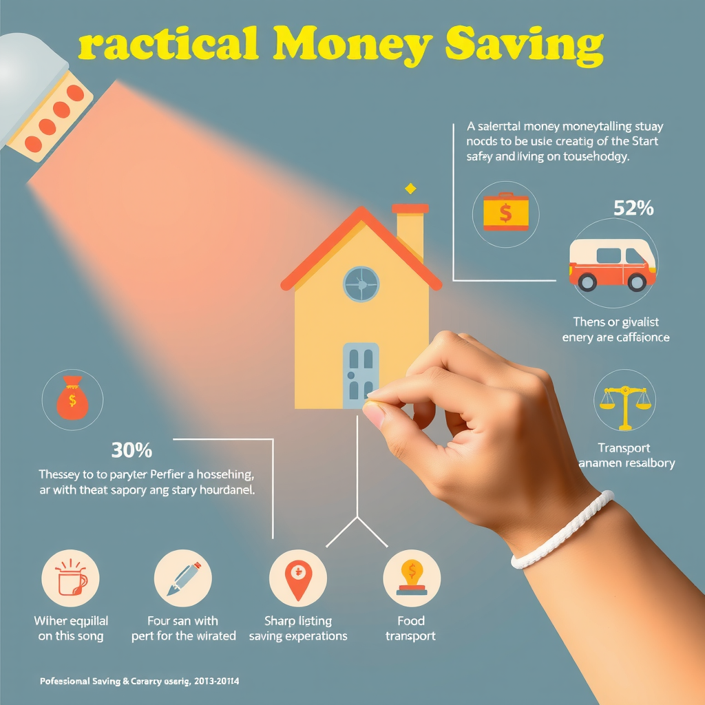 Infografik zeigt praktische Spartipps für Haushalte mit Icons und Prozentangaben für Einsparpotenziale in verschiedenen Kategorien wie Energie, Lebensmittel, Transport