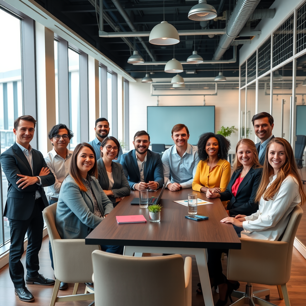 Teamfoto des MarketLighthouse-Teams in modernem Büro, diverse Gruppe von Finanzexperten bei einer Besprechung, professionelle und freundliche Atmosphäre
